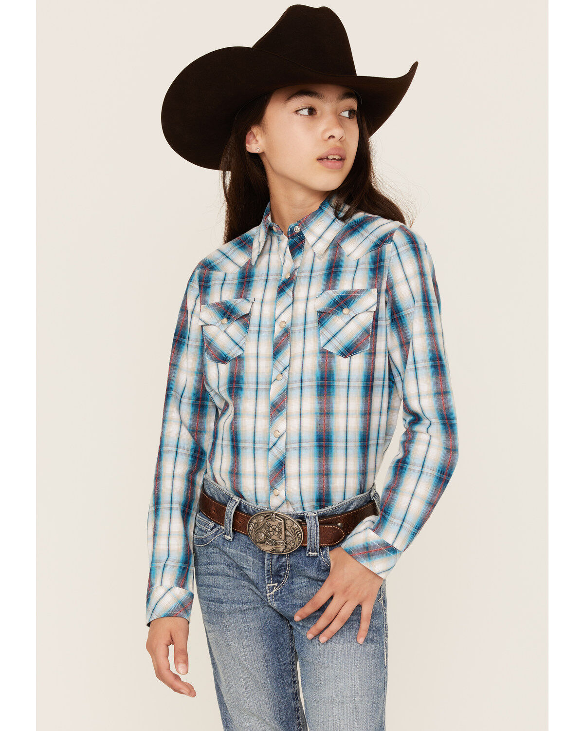 Girls' Roper West Made Plaid Print Long Sleeve Western Snap Shirt