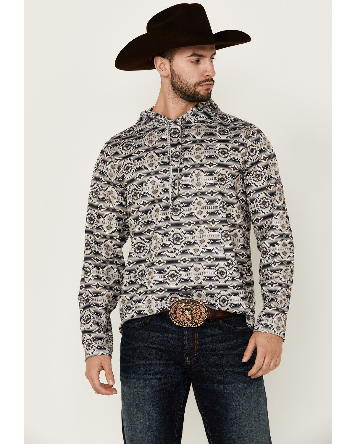 Men's Rock & Roll Denim Southwestern Print Hooded Sweatshirt