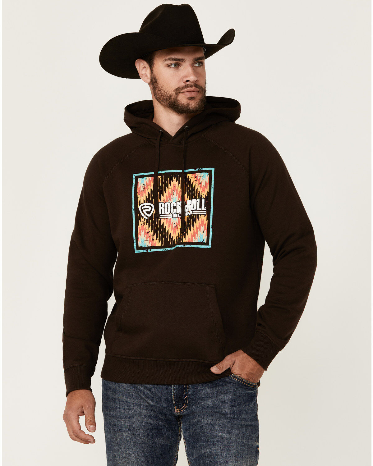 Men's Rock & Roll Denim Southwestern Print Logo Hooded Sweatshirt