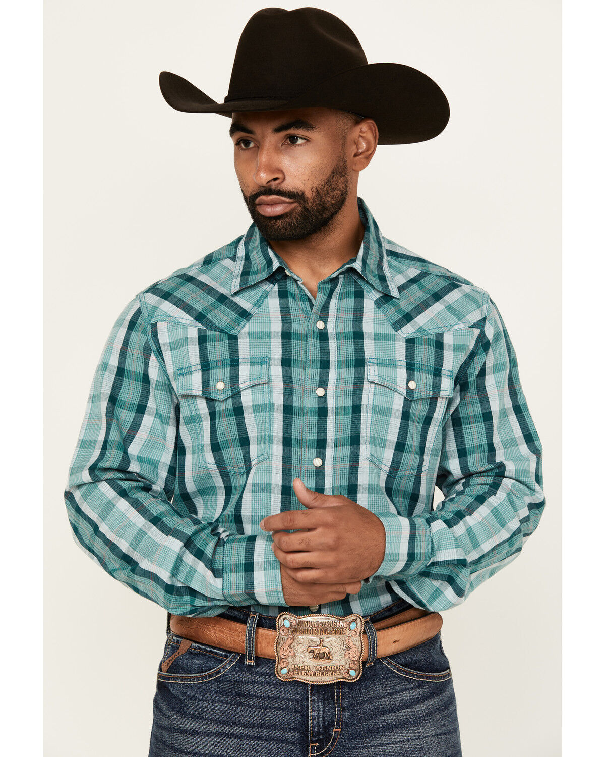 Men's Wrangler Retro Plaid Print Long Sleeve Snap Western Shirt
