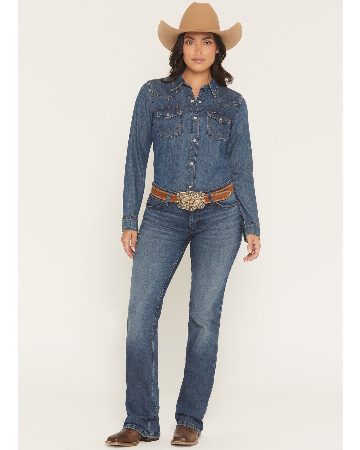 Women's Wrangler Retro Mae Dark Wash Mid Rise Lined Bootcut Stretch De