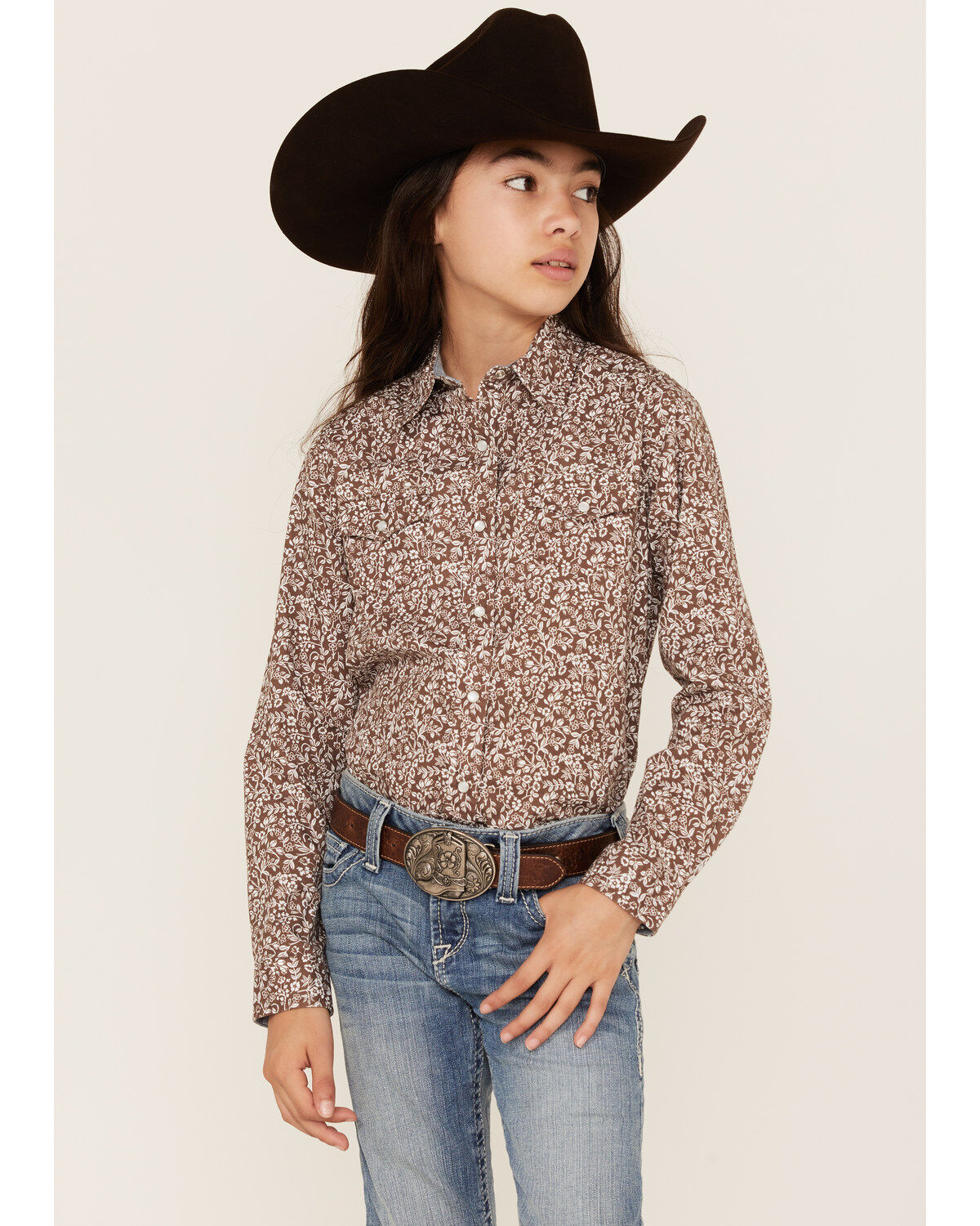 Girls' Roper West Made Floral Print Long Sleeve Western Pearl Snap Shi