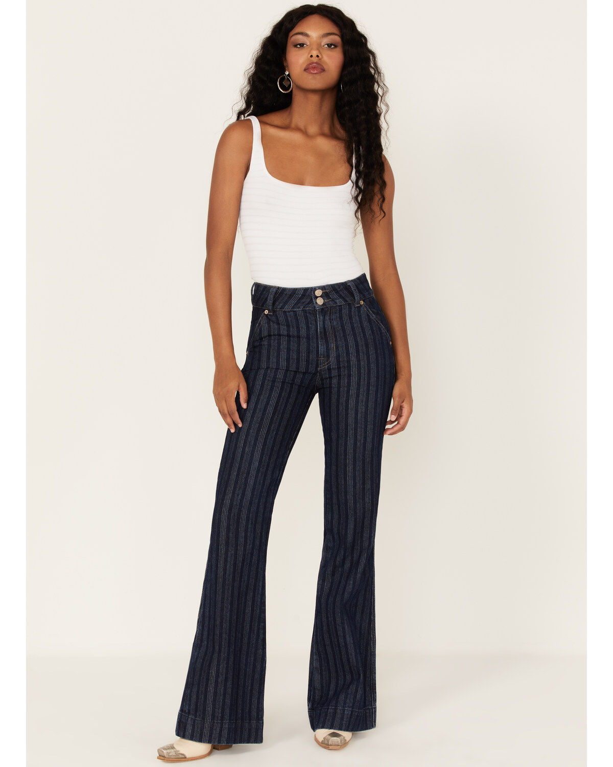Women's Rock & Roll Denim Stripe Jacquard Dark Wash High Rise Flare Tr