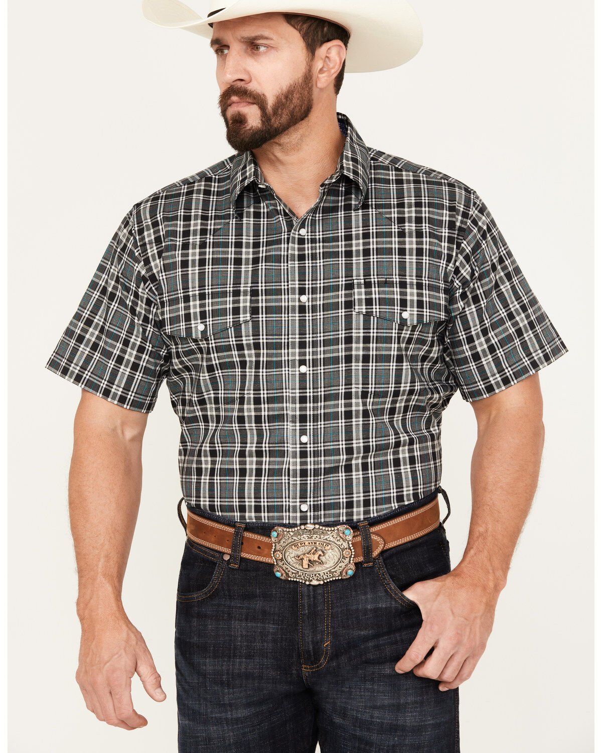 Men's Wrangler Wrinkle Resist Plaid Print Short Sleeve Pearl Snap West