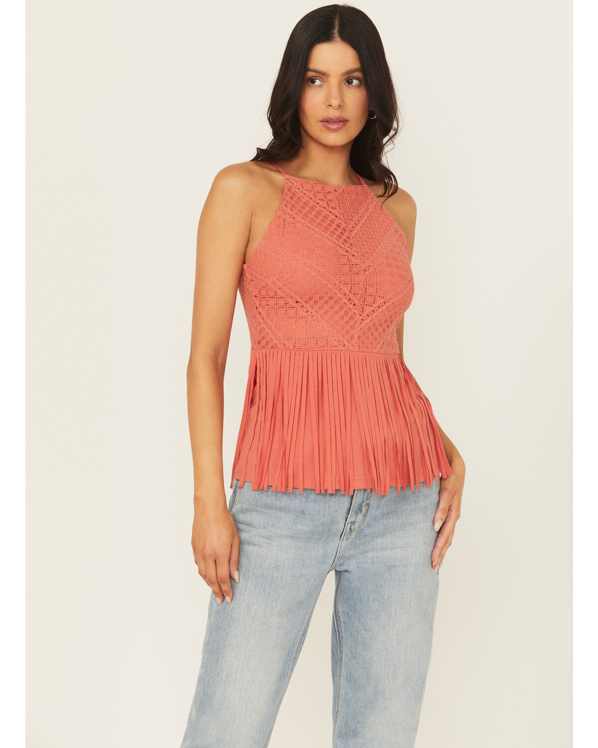 Women's Shyanne Stretch Lace Halter Fringe Tank