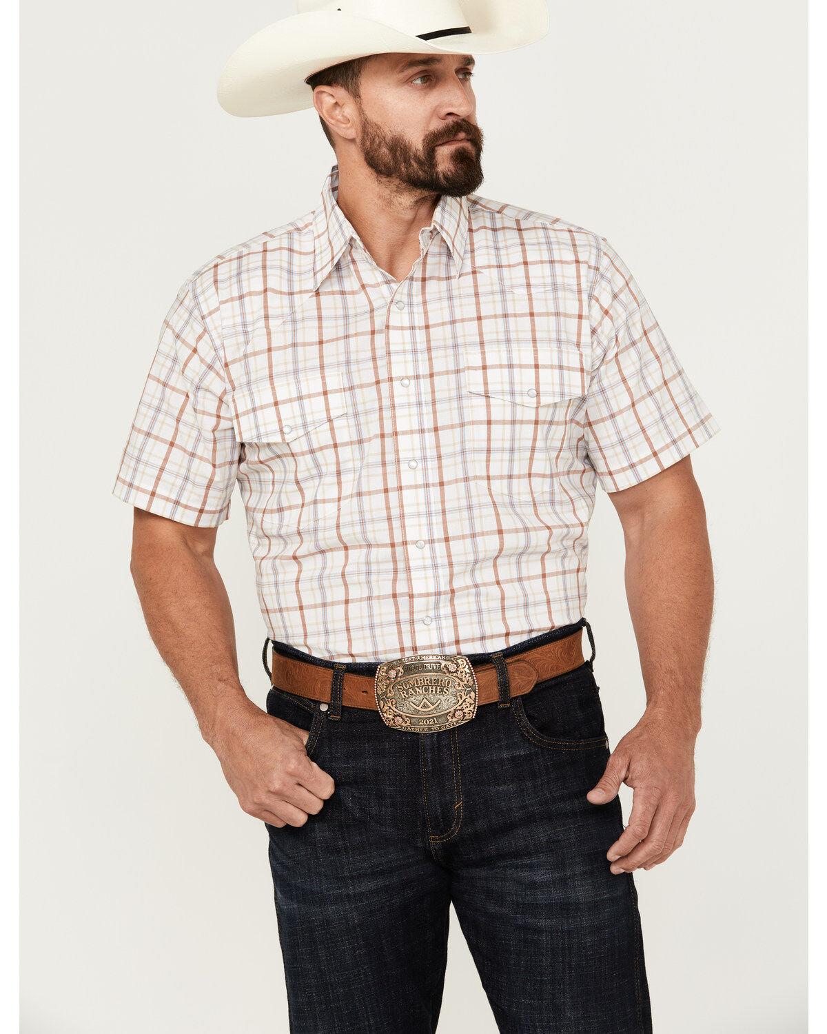 Men's Wrangler Wrinkle Resist Plaid Print Short Sleeve Pearl Snap West