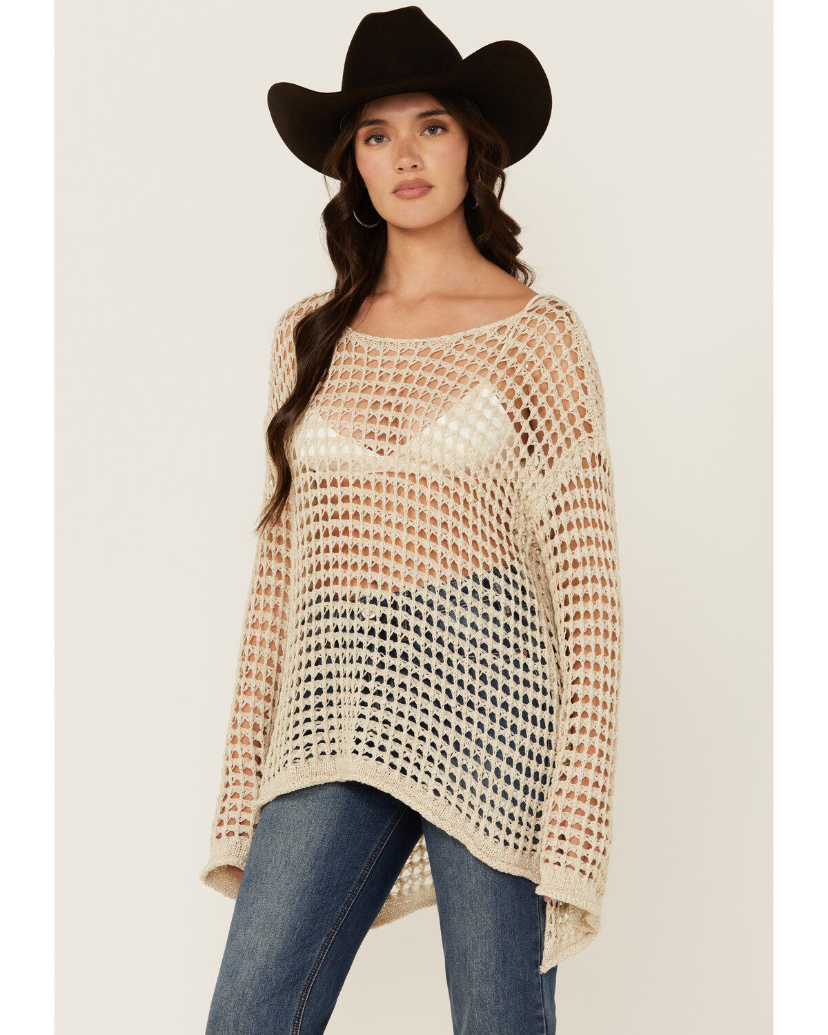 Women's POL Open Crochet Long Sleeve Sweater