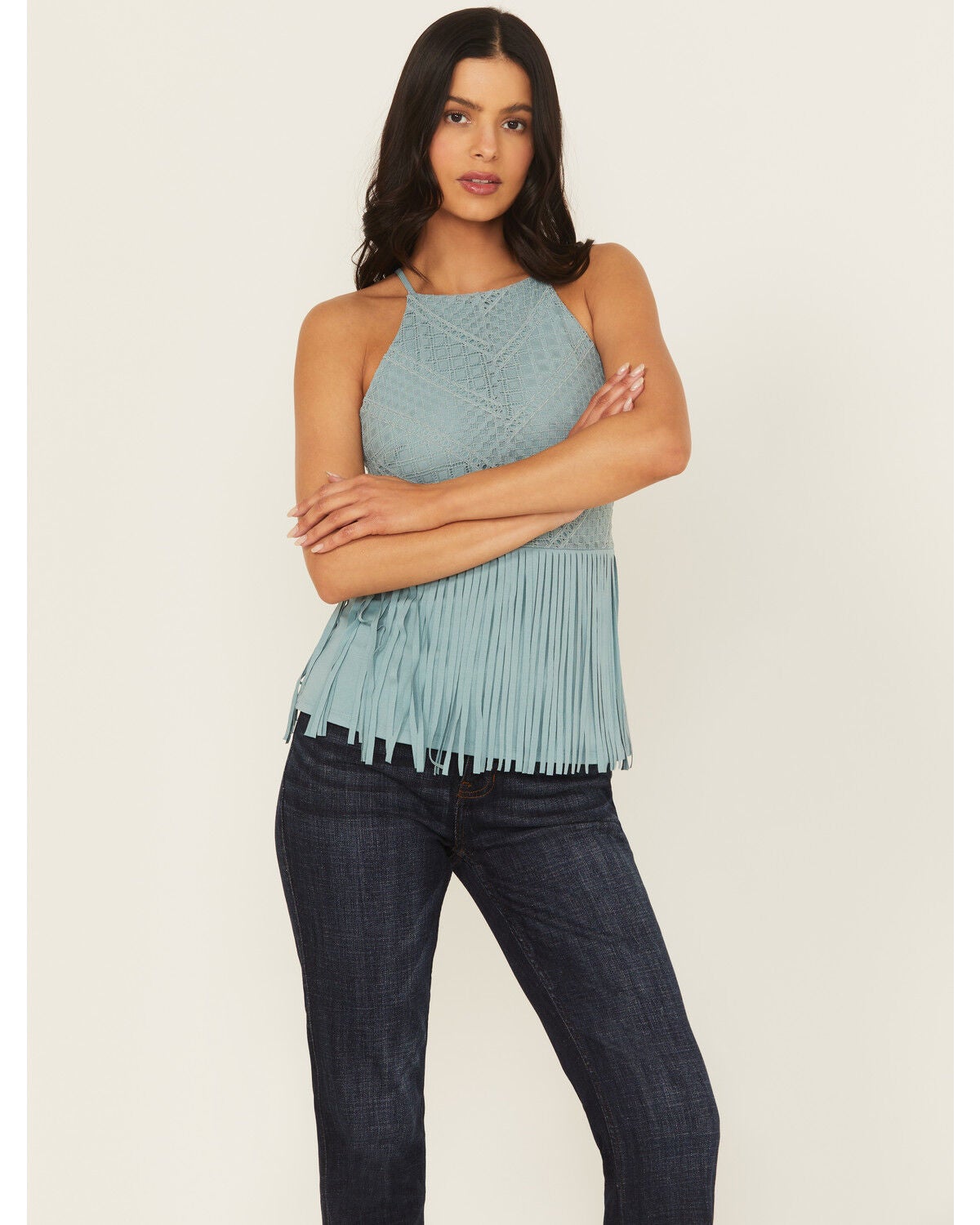Women's Shyanne Stretch Lace Halter Fringe Tank