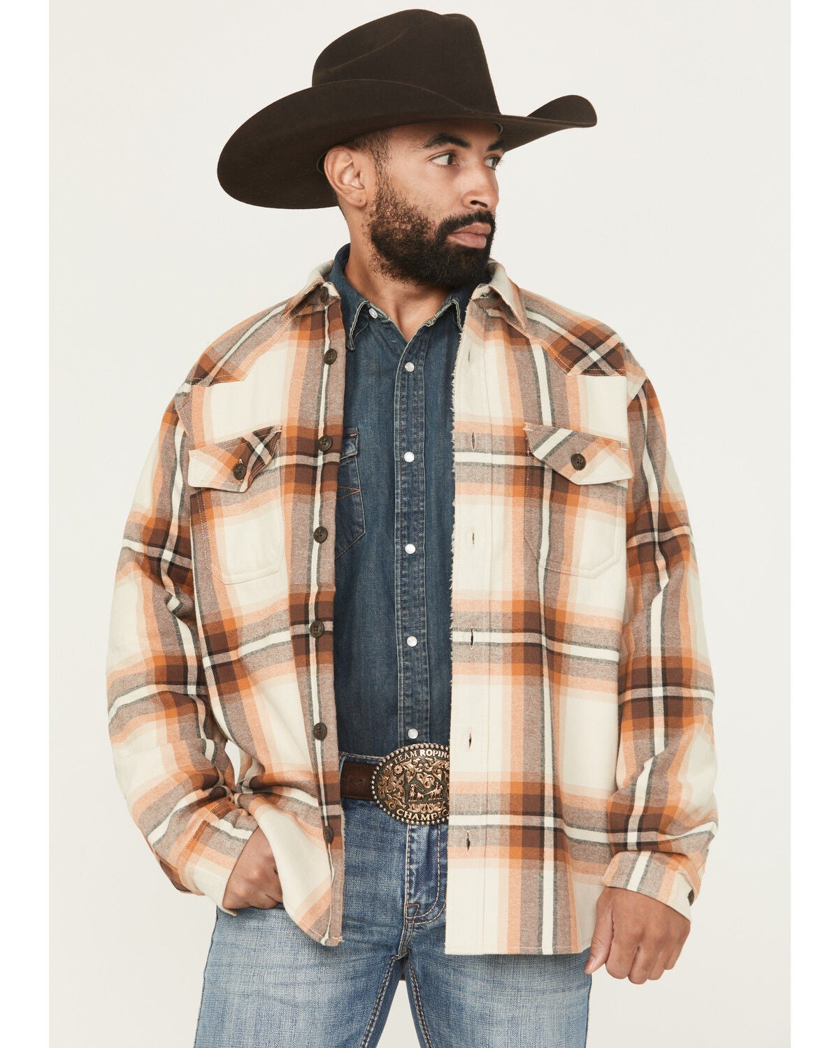 Cody James Men’s Sherpa Lined Plaid Flannel Button-Down Shirt Jacket in Tan – Western Long Sleeve XXL Work Shirt