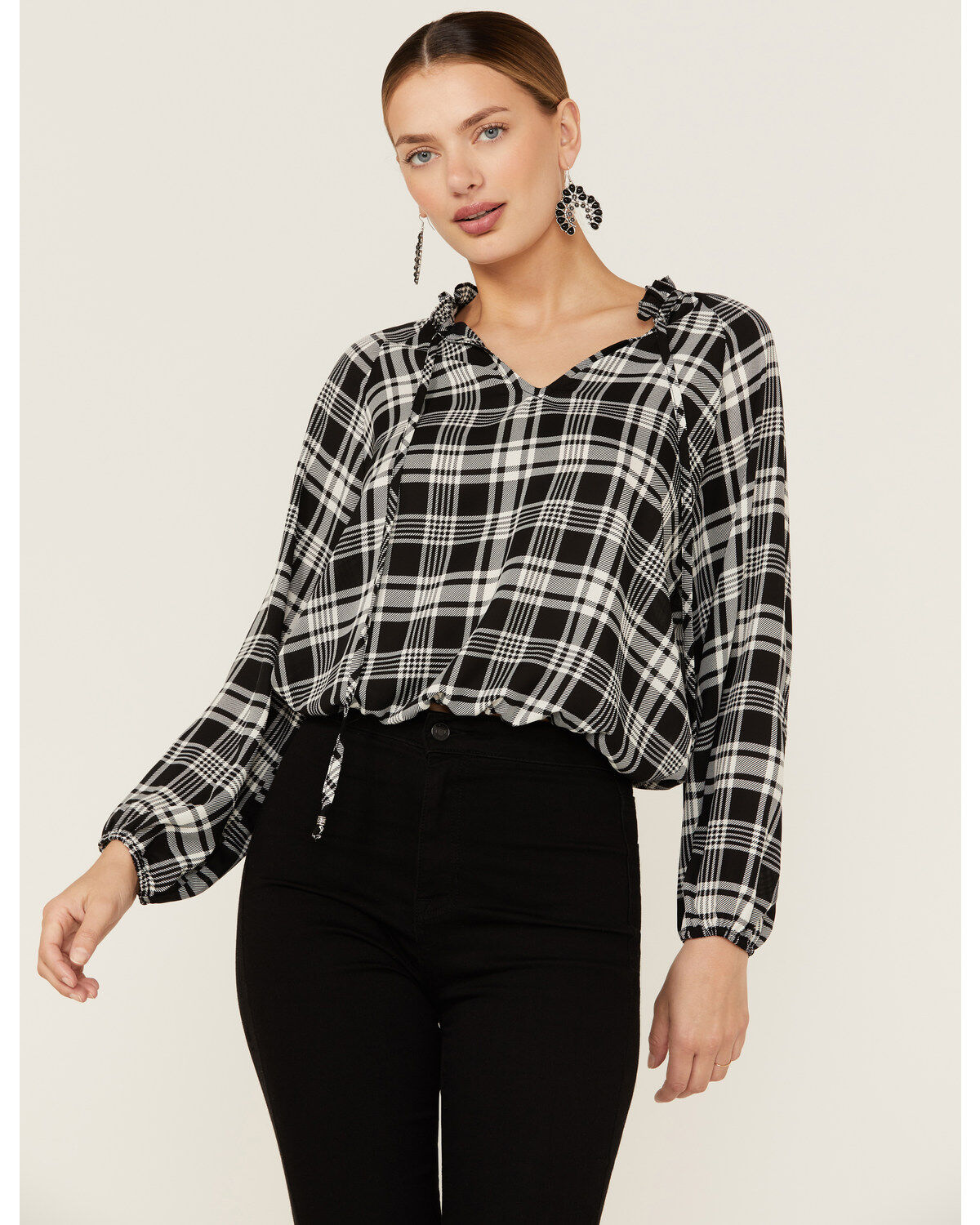 Women's Wild Moss Long Sleeve Tie Neck Peasant Blouse