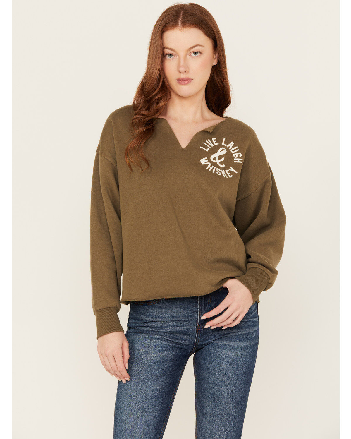 Women's Cleo + Wolf Live Laugh Whiskey Oversized Cropped Pullover