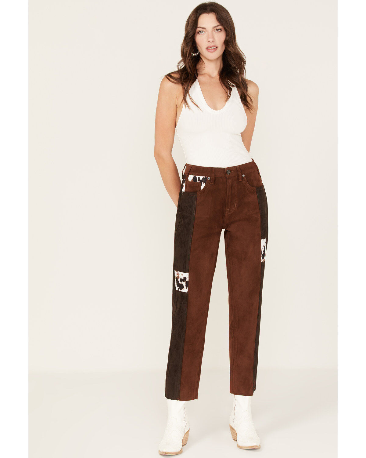Women's Rock & Roll Denim Two Tone Color Block Faux Suede High Rise St