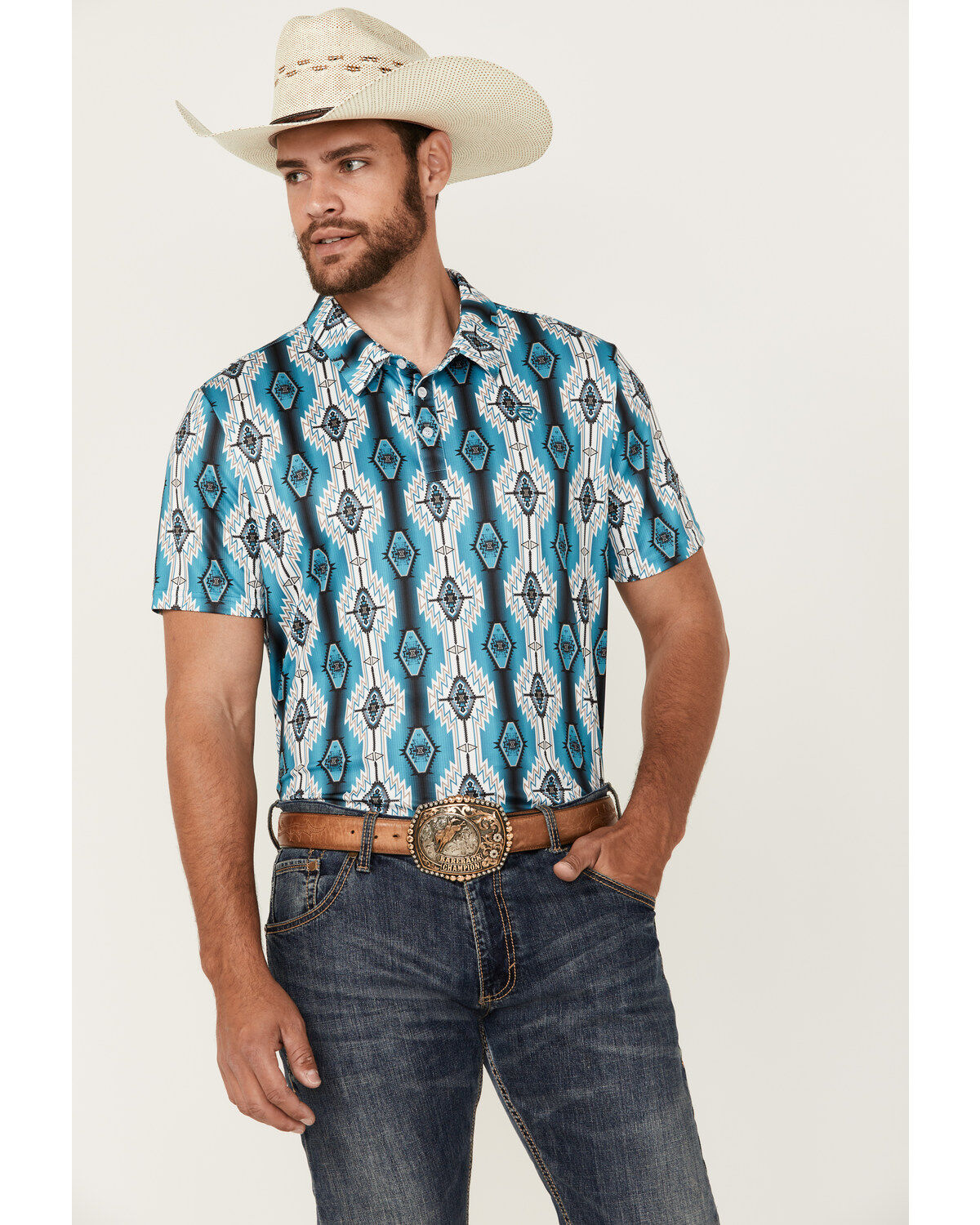 Men's Rock & Roll Denim Southwestern Print Short Sleeve Polo Shirt