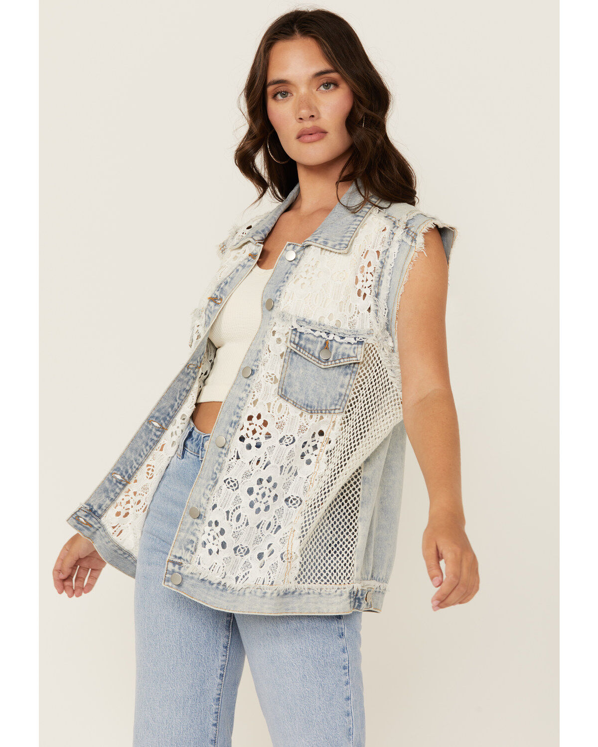 Women's POL Denim Lace Button-Down Vest
