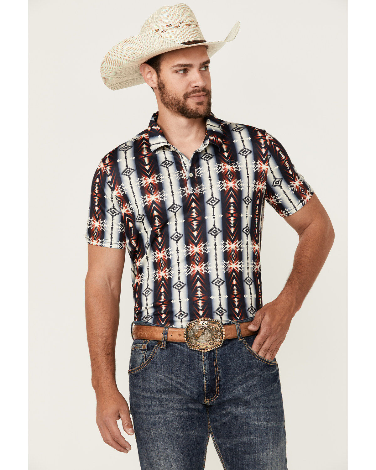 Men's Rock & Roll Denim Southwestern Print Short Sleeve Polo Shirt