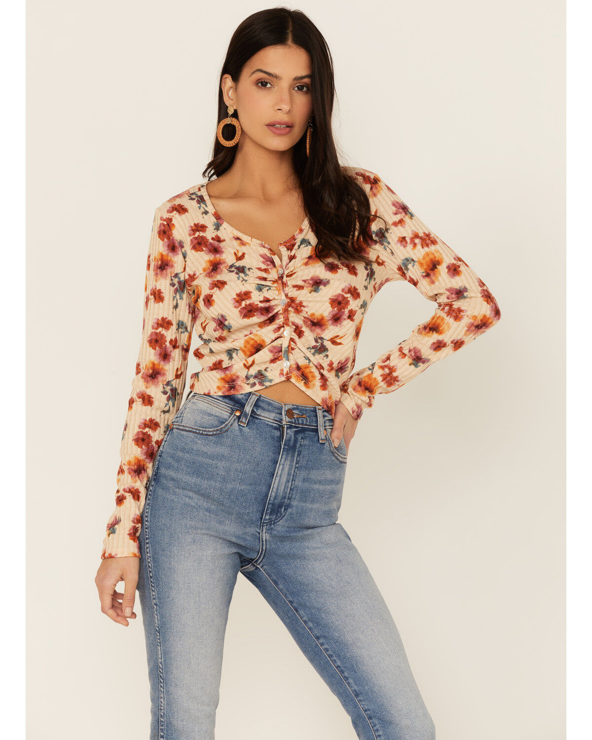 Women's Cinch Wild Moss Rust Long Sleeve Floral Button Front Knit Top