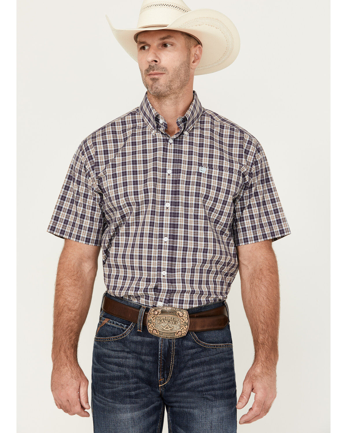 Men's Cinch Plaid Print Short Sleeve Button-Down Western Shirt