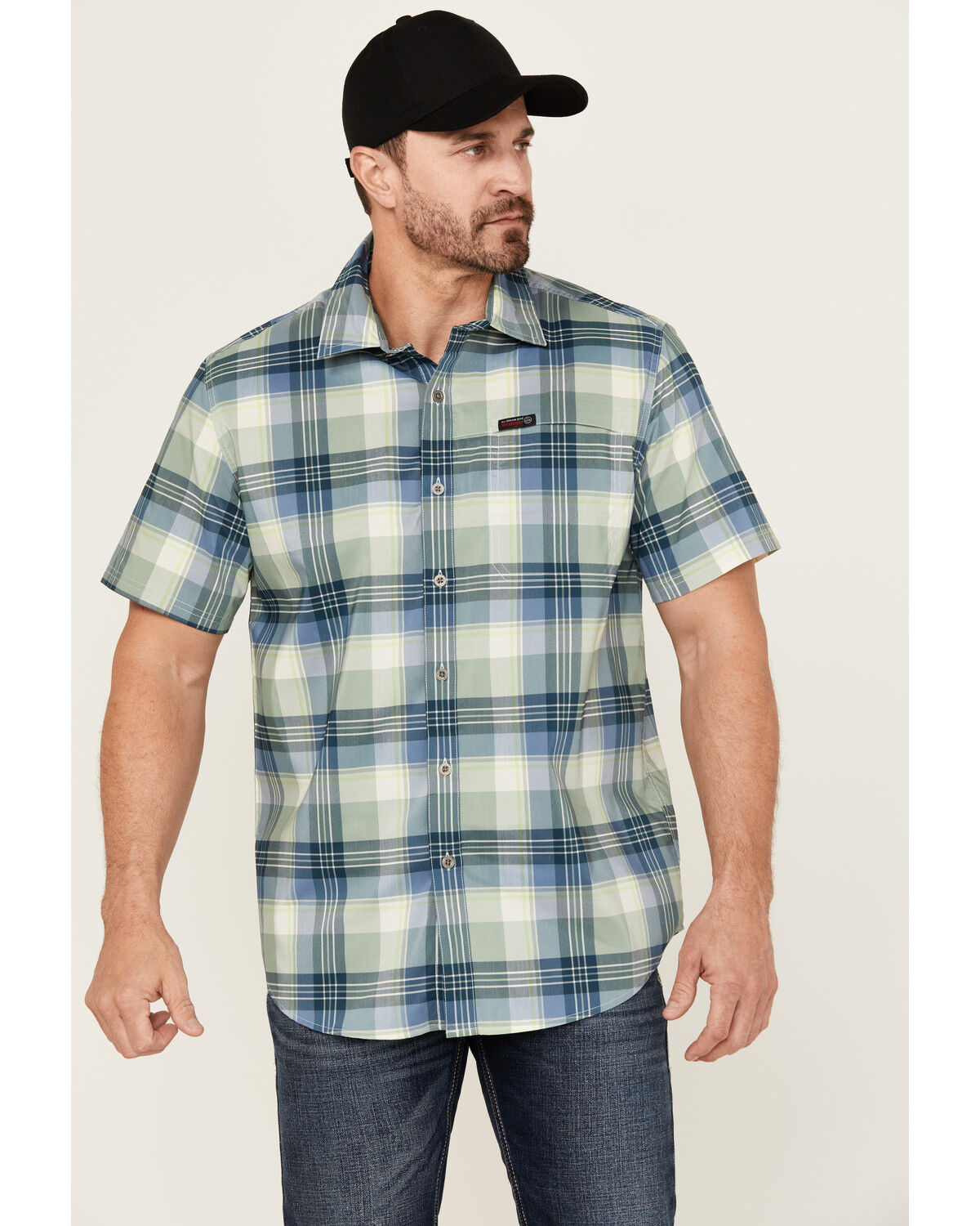 Wrangler ATG by Cedar Plaid Print Short Sleeve Button-Down Performance
