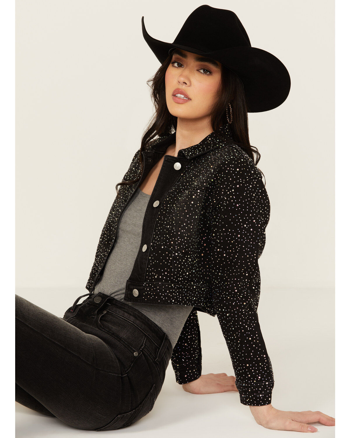 Women's Vibrant Denim Rhinestone Cropped Denim Jacket