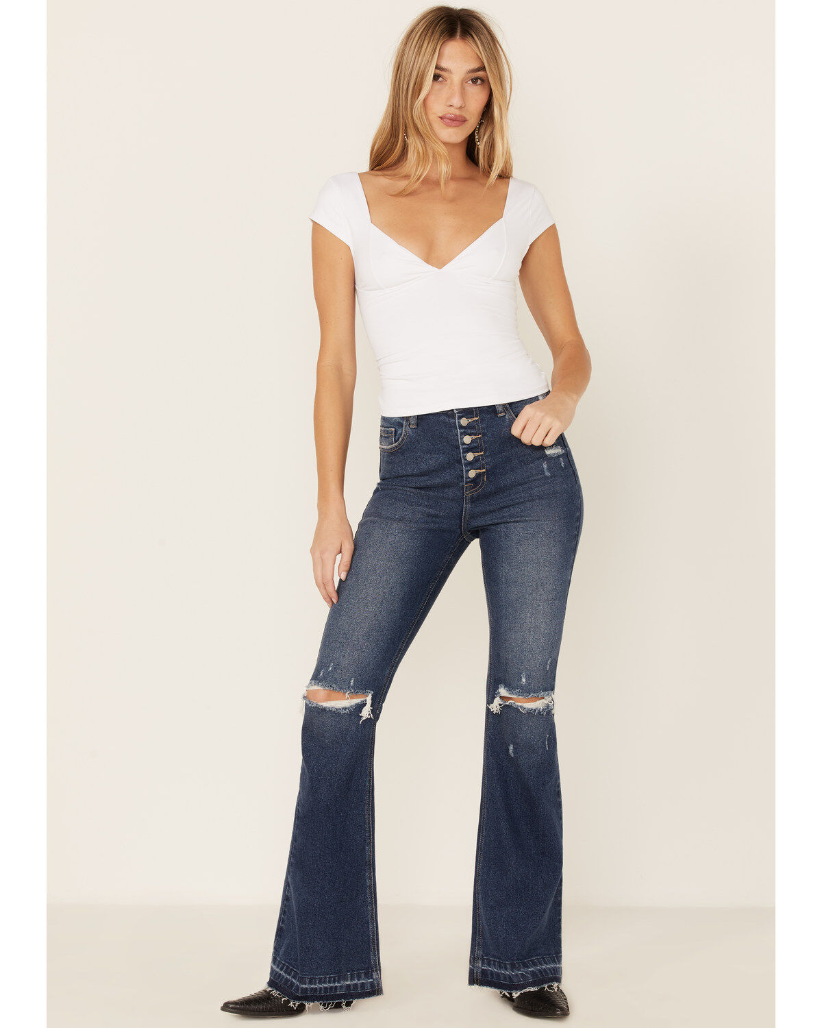 Women's Cello Tinsley High Rise 5-Button Released Hem Flare Jeans