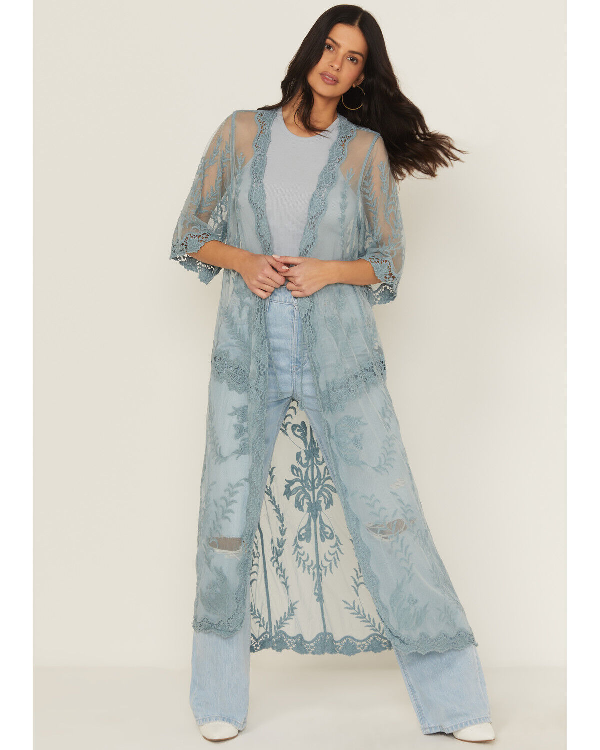 Women's Shyanne Long Embroidered Mesh Kimono