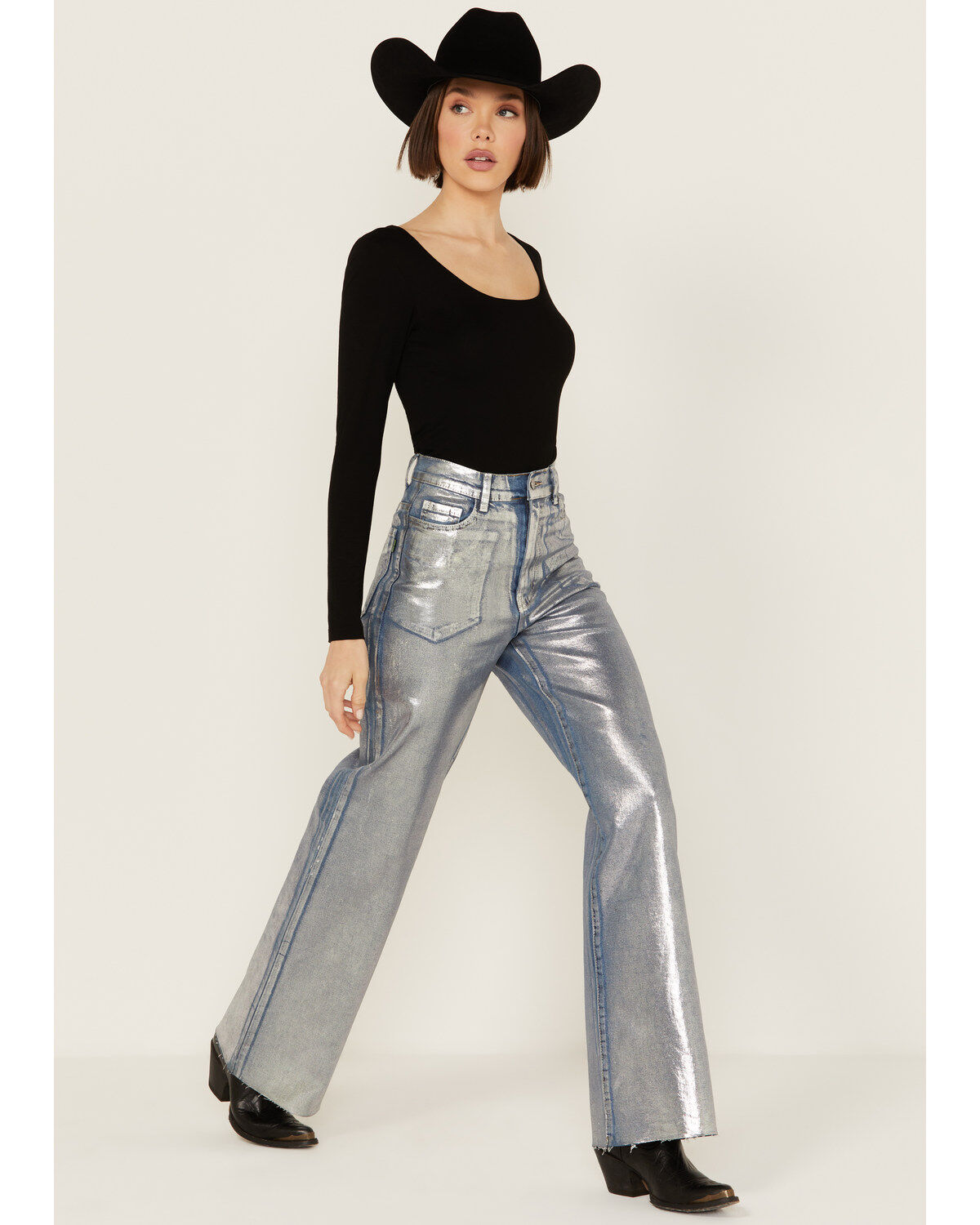 Women's Vibrant Denim Medium Wash Metallic Wide Leg Denim Jeans