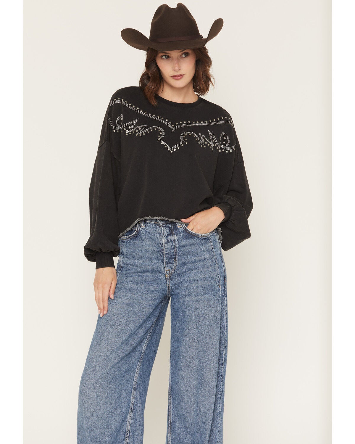 Women's Rock & Roll Denim Embroidered Bootstitch Crewneck