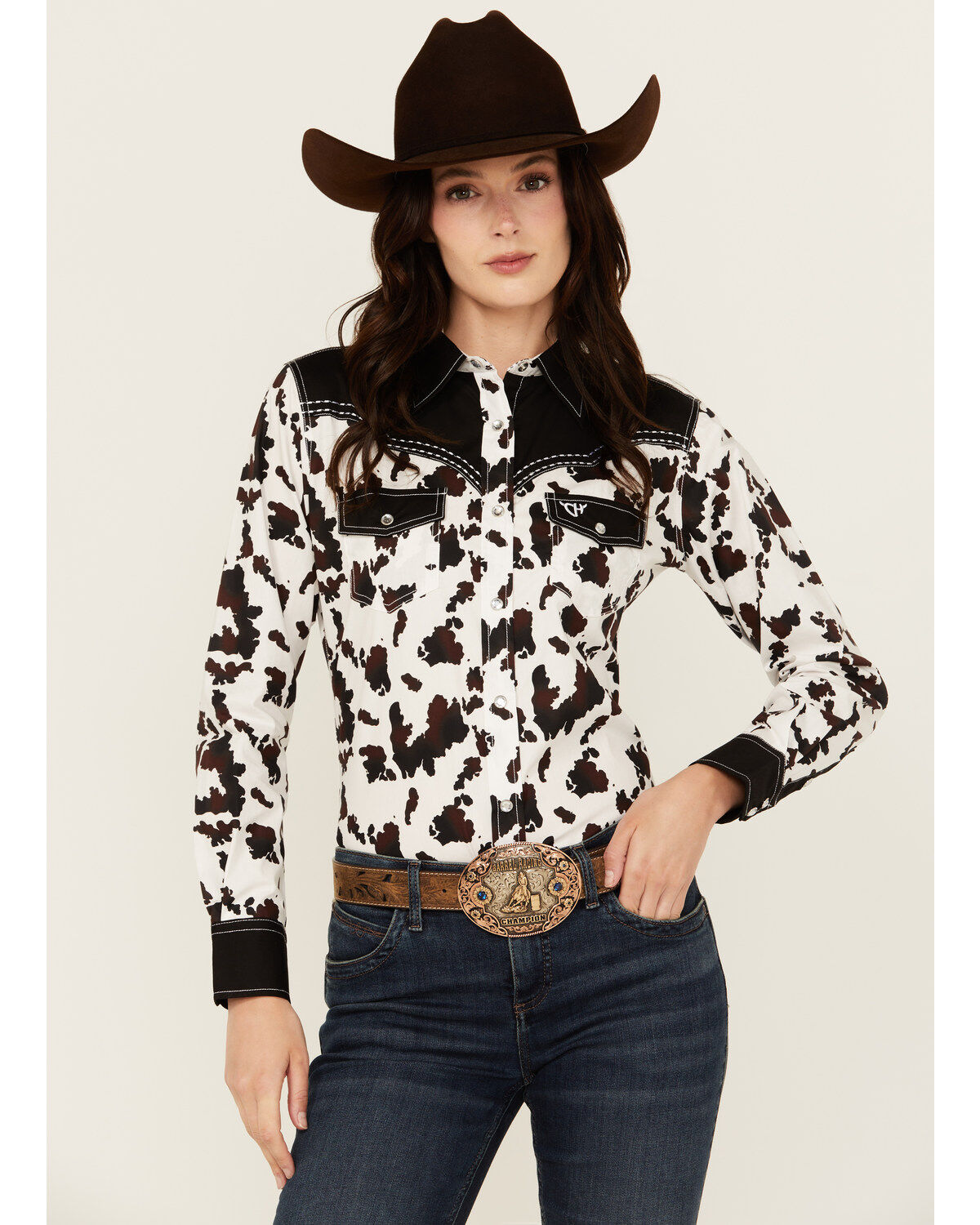 Women's Cowgirl Hardware Cow Print Long Sleeve Snap Western Shirt