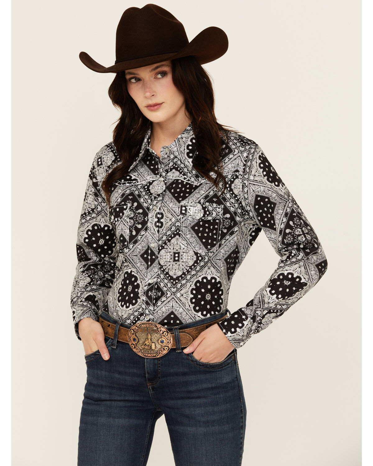 Women's Cowgirl Hardware Bandana Print Long Sleeve Snap Western Shirt