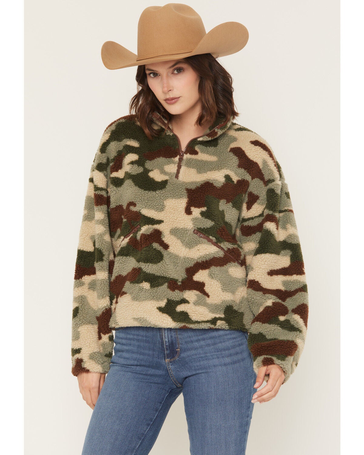 Women's Rock & Roll Denim Camo Print Sherpa Pullover