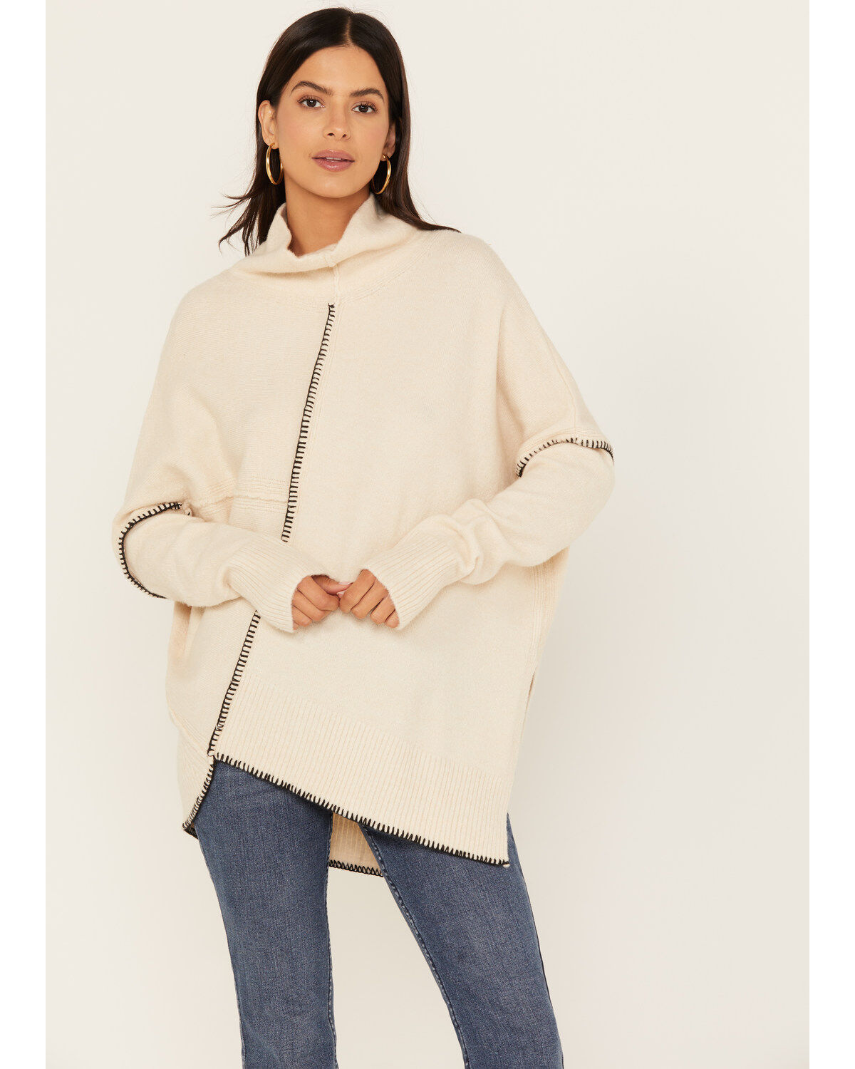 Women's Revel Asymmetrical Contrast Stitch Turtleneck Sweater