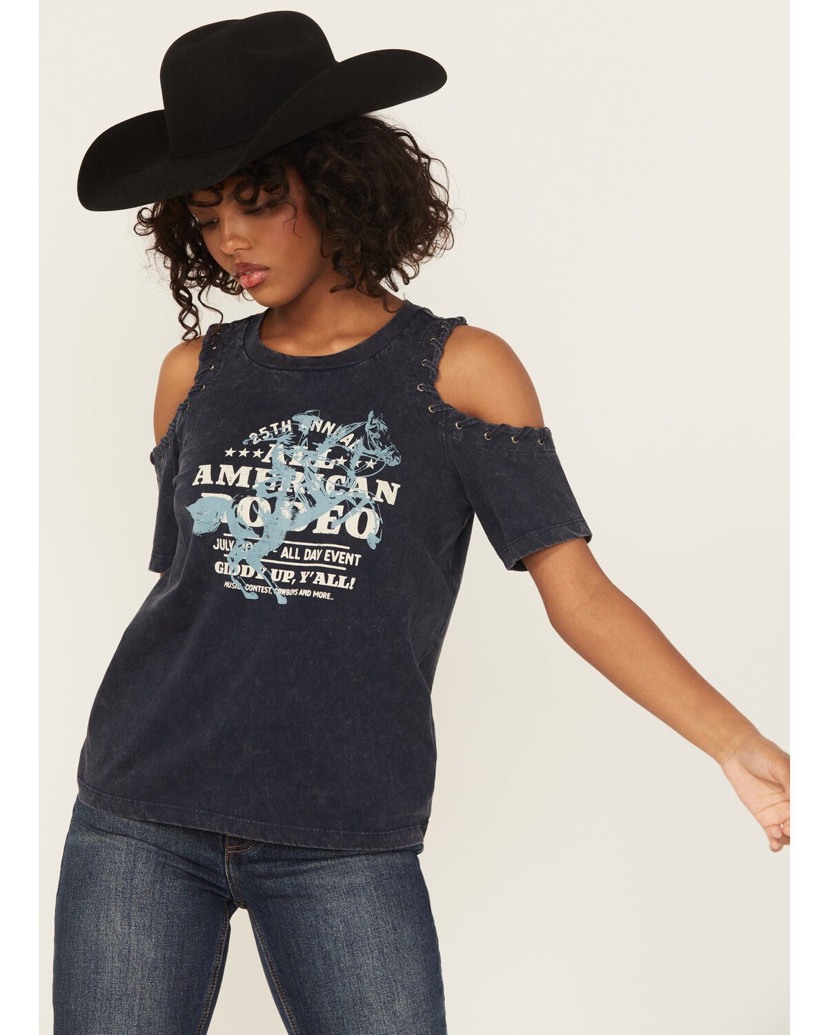 Women's Shyanne All American Rodeo Cold Shoulder Short Sleeve Graphic