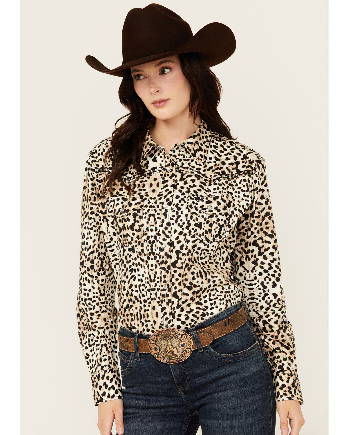Women's Cowgirl Hardware Leopard Print Long Sleeve Snap Western Shirt