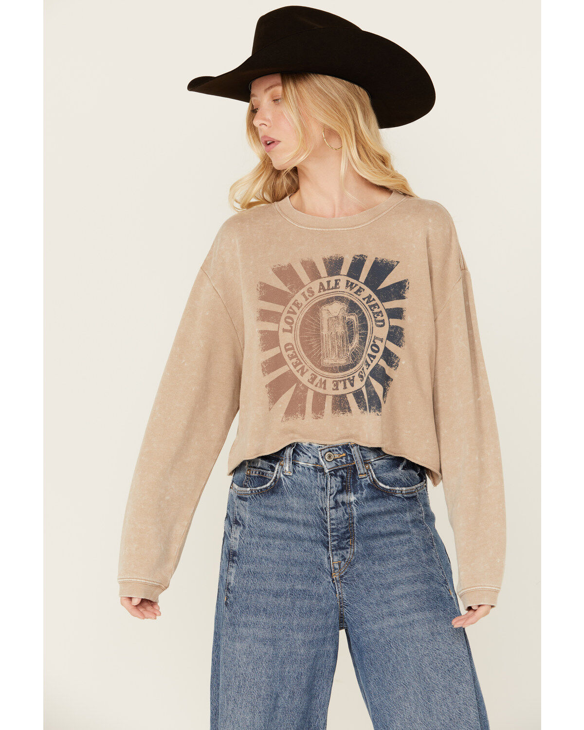 Women's Cleo + Wolf Love is Ale We Need Cropped Graphic Sweatshirt