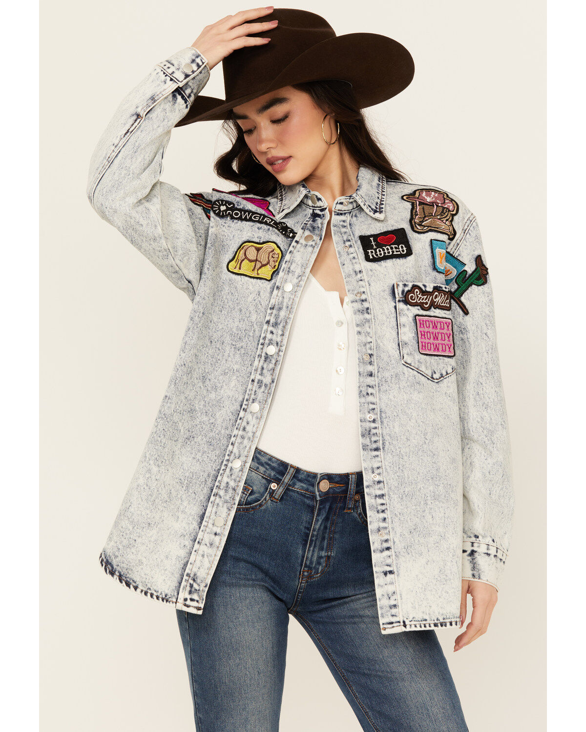 Women's Blue B Western Patchwork Snap Denim Shacket