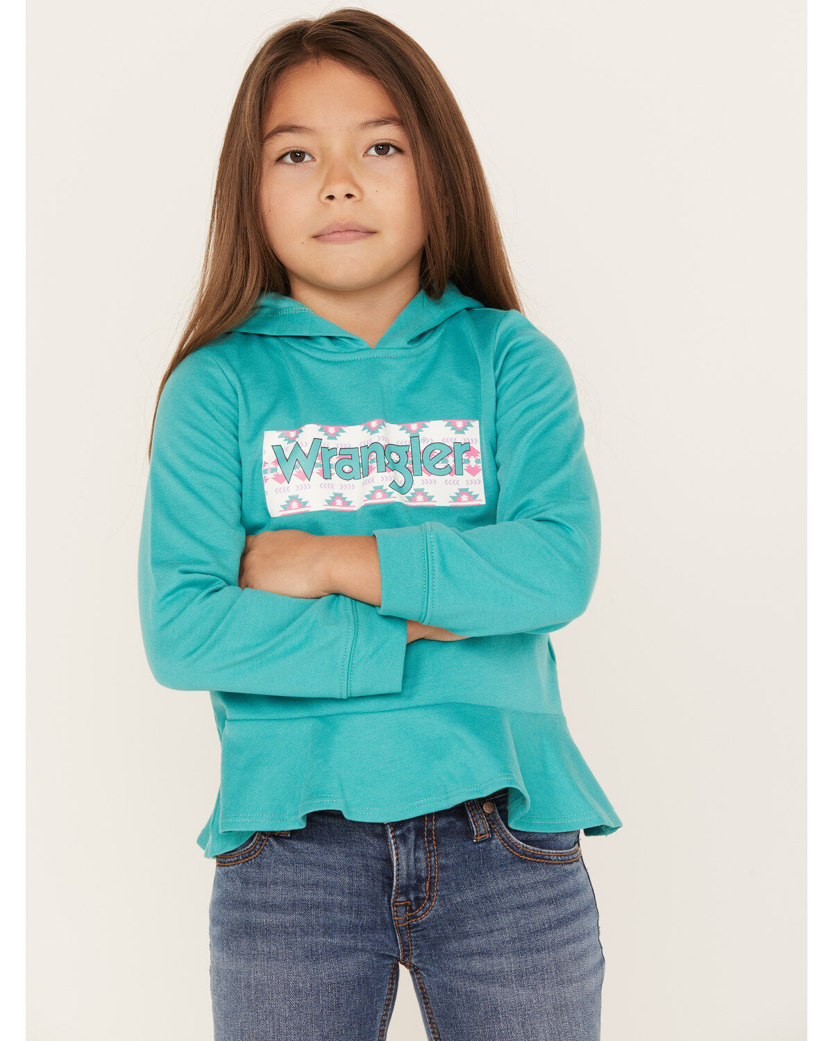 Girls' Wrangler Southwestern Logo Graphic Ruffle Hem Hoodie