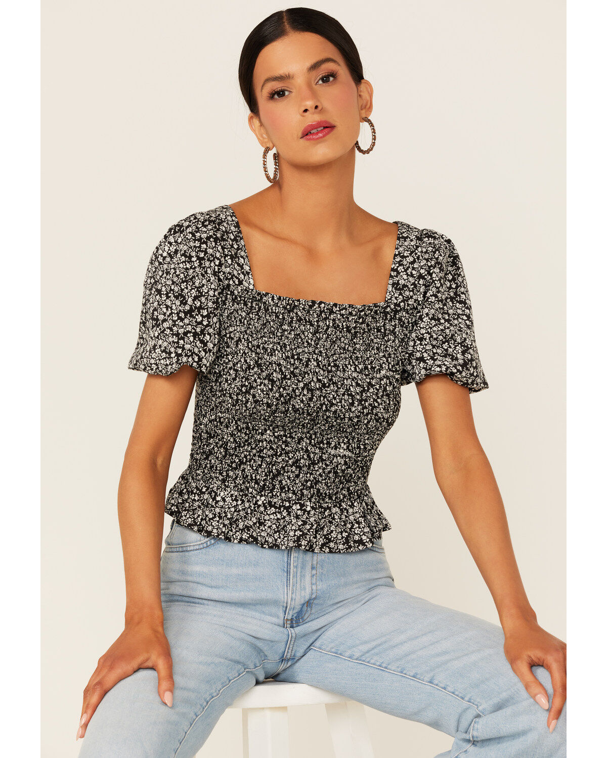Women's Beyond The Radar Ditsy Floral Print Smocked Shirt