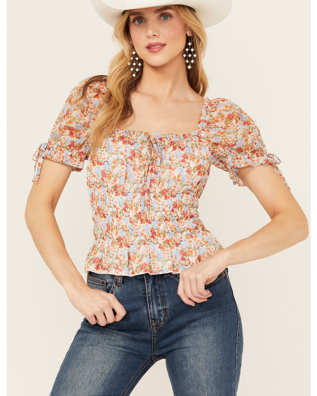 Women's Ash & Violet Short Sleeve Floral Smocked Crop Top