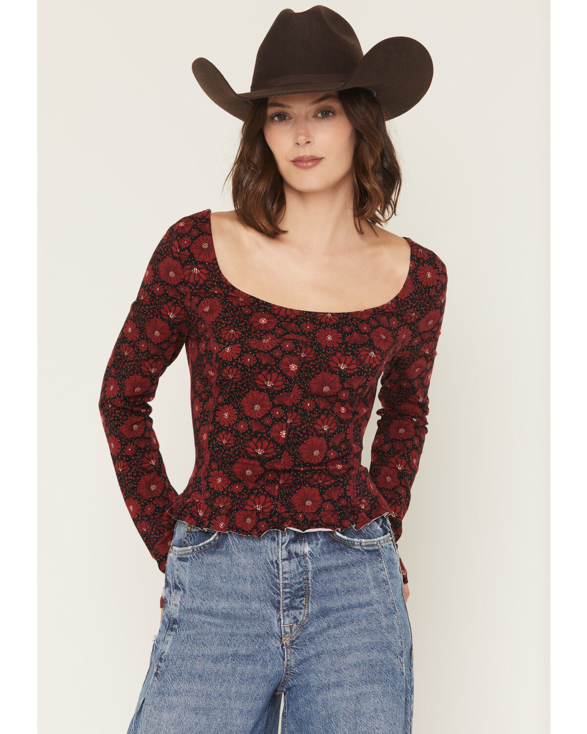 Women's Rock & Roll Denim Floral Print Long Sleeve Top