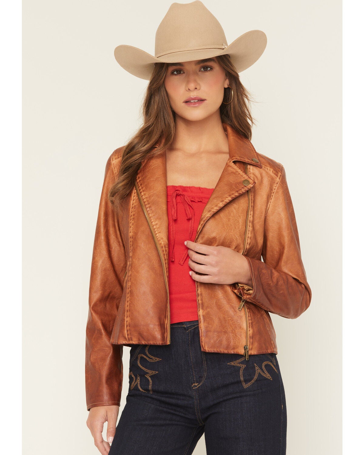 Women’s Stoosh Faux Leather Jacket in Textured Brown – Lined Moto Style Zip Front Coat, Size Small