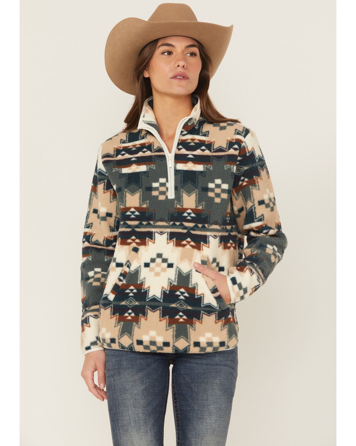 Women's Wrangler Retro Southwestern Print Sherpa Zip Pullover