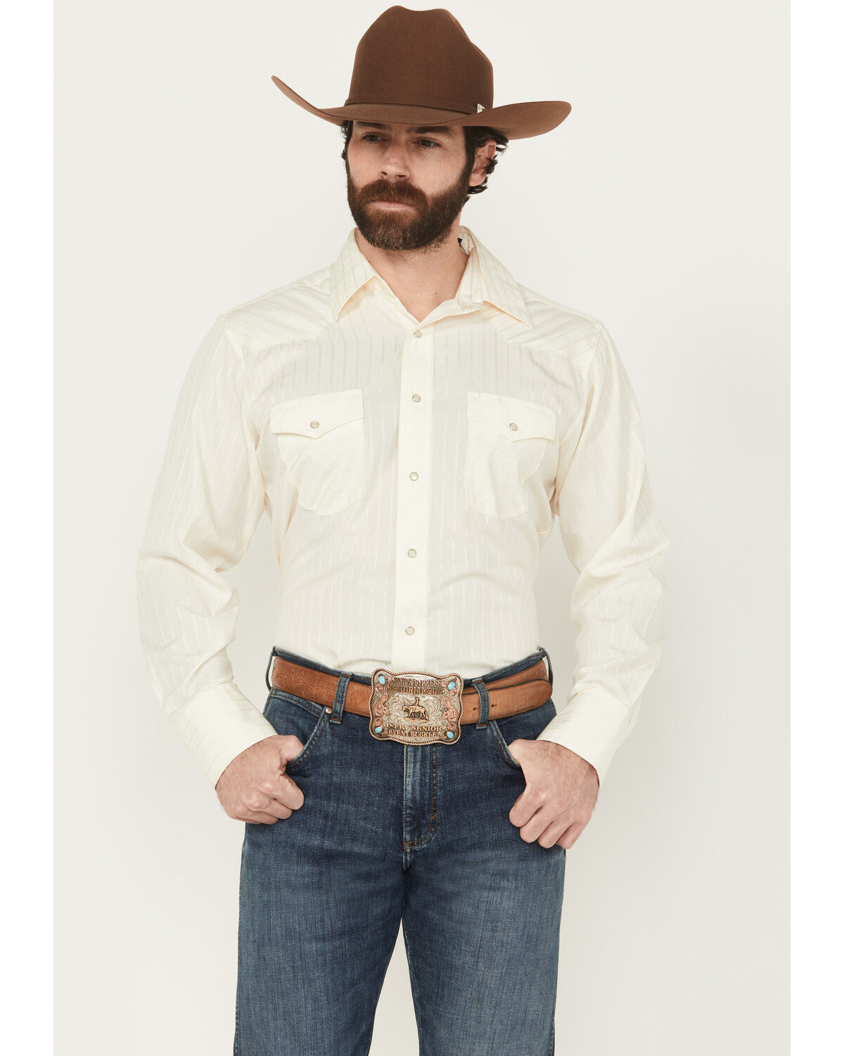 Men's Wrangler White Solid Dobby Long Sleeve Pearl Snap Western Shirt