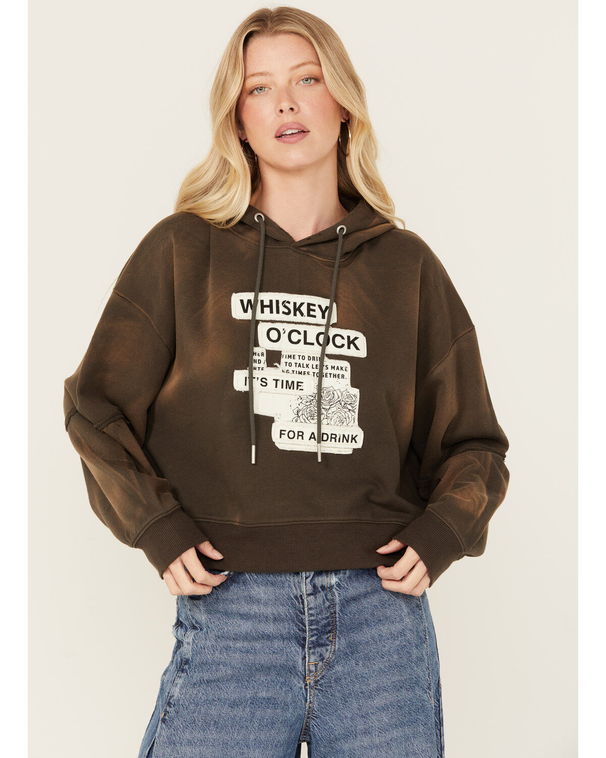 Women's Cleo + Wolf Bleached Deconstructed Whiskey Cropped Hoodie