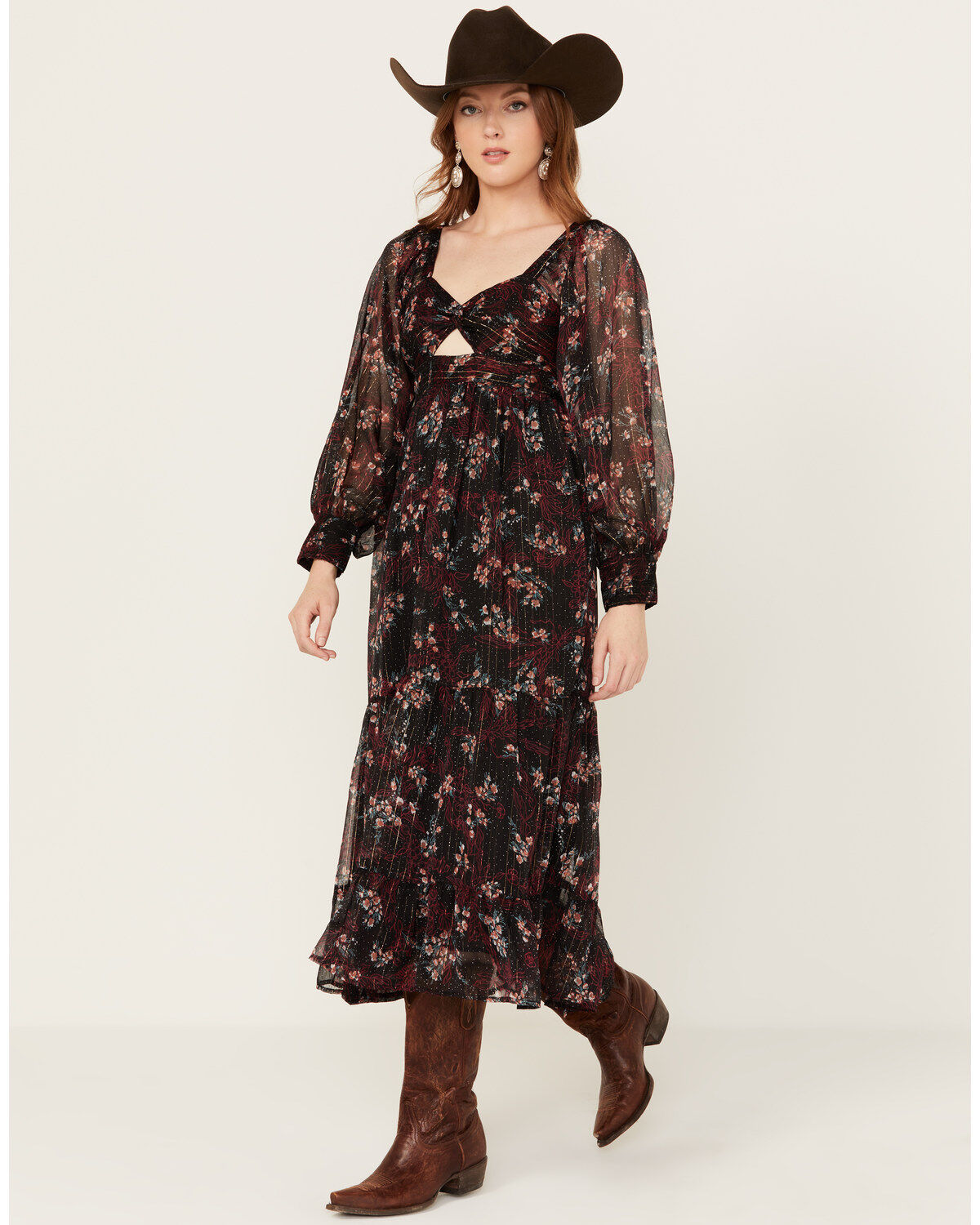 Women's Angie Floral Cut Out Long Sleeve Midi Dress