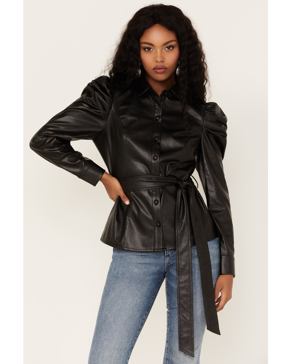 Women's Flying Tomato Faux Leather Puff Sleeve Shirt