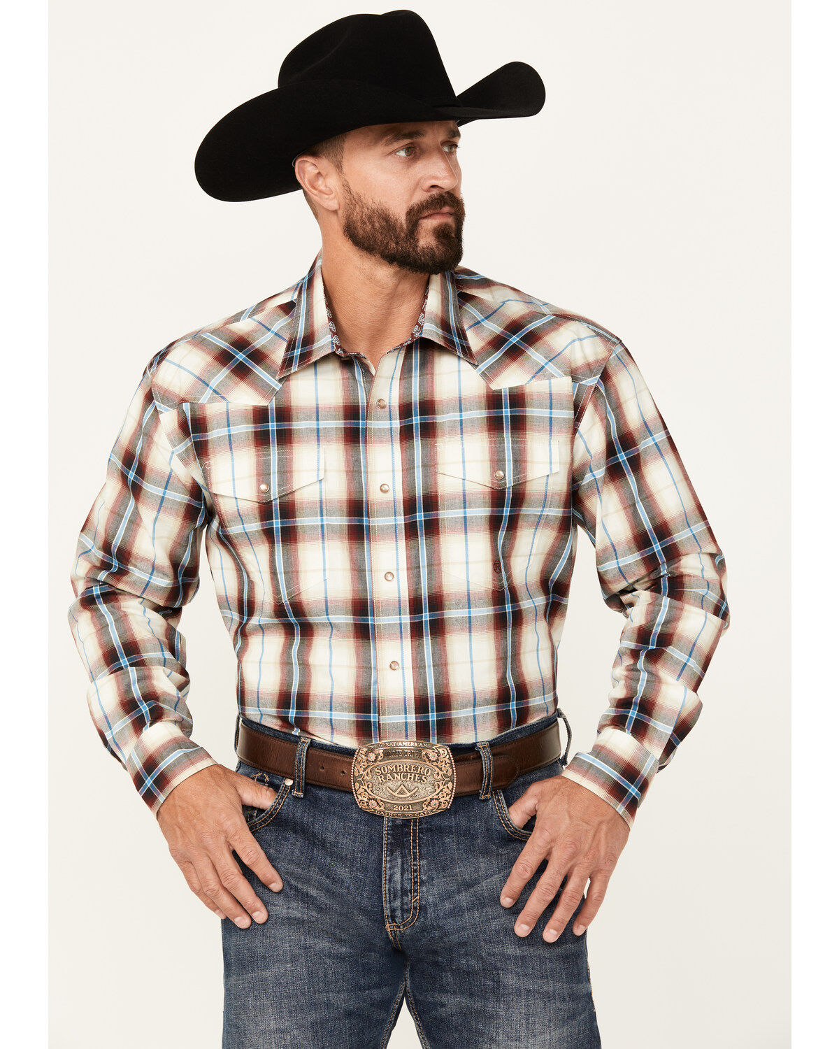 Men's Roper Amarillo Plaid Print Long Sleeve Pearl Snap Western Shirt