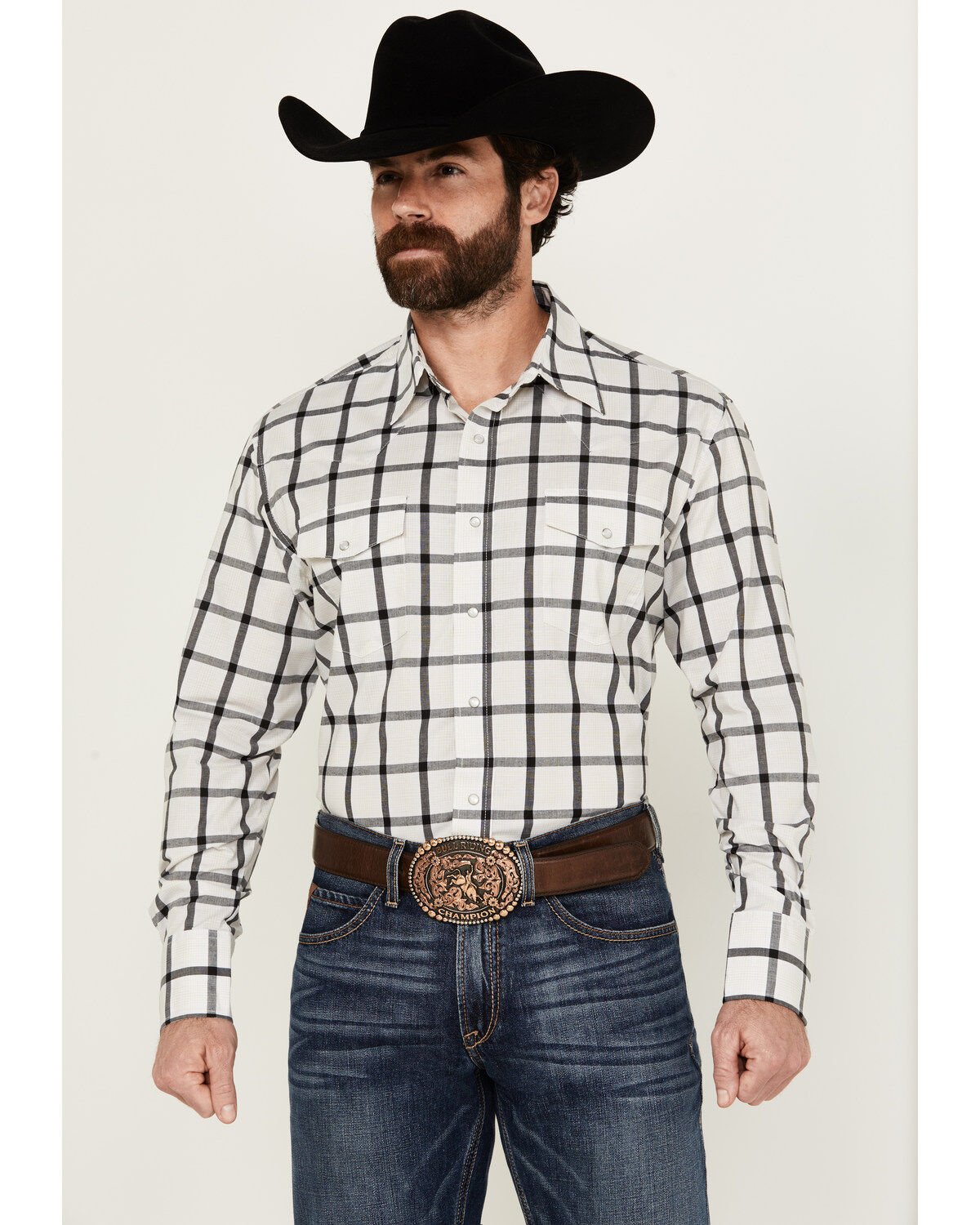 Men's Wrangler Plaid Print Long Sleeve pearl Snap Stretch Western Shir