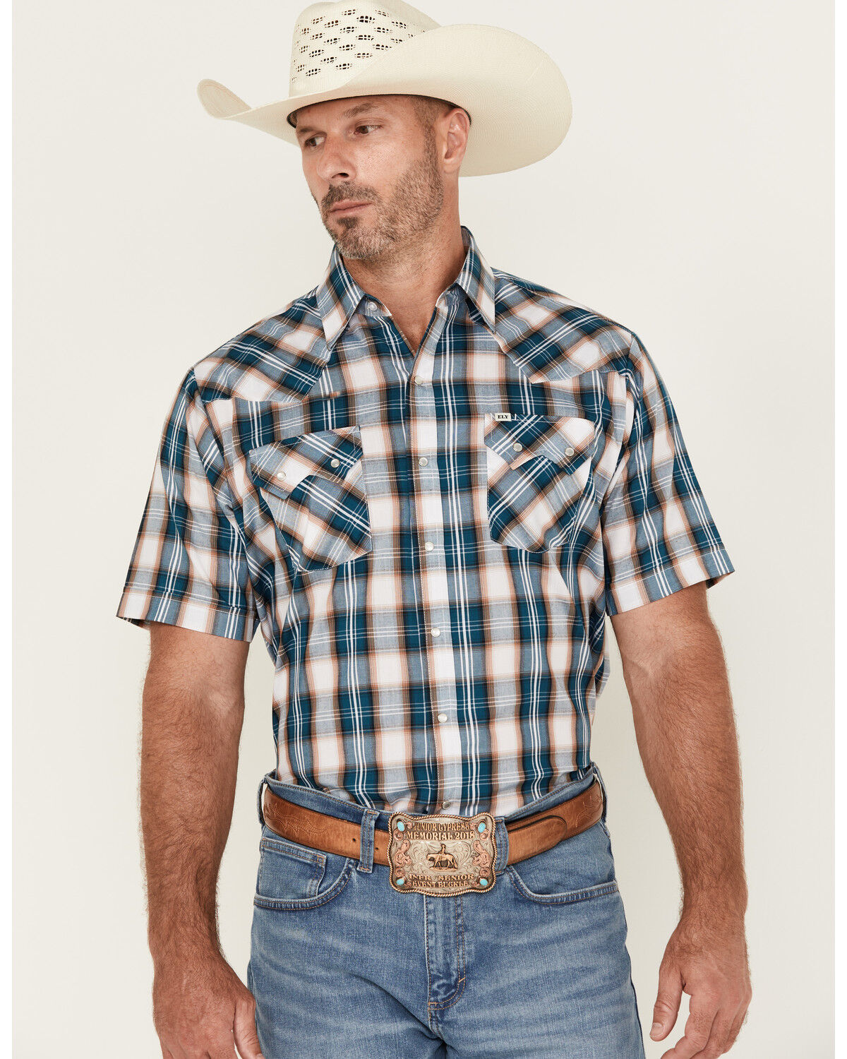 Men's Ely Walker Plaid Print Short Sleeve Snap Stretch Western Shirt -