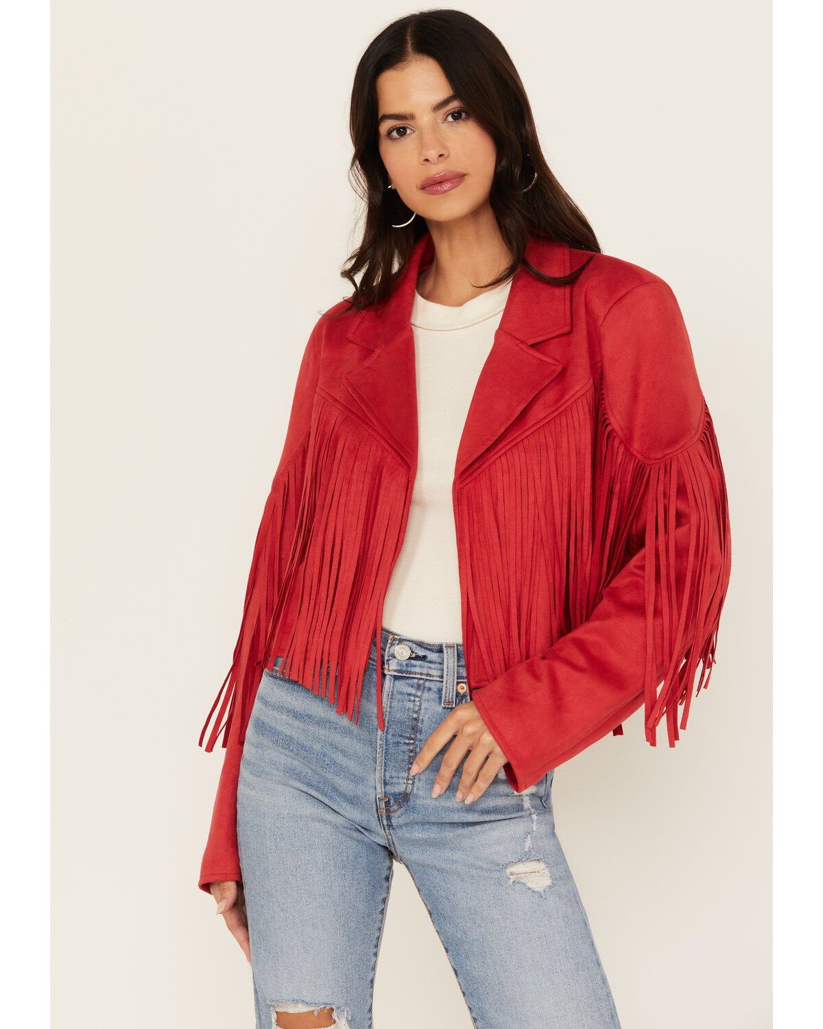 Women's Saints & Hearts Faux Suede Cropped Fringe Jacket