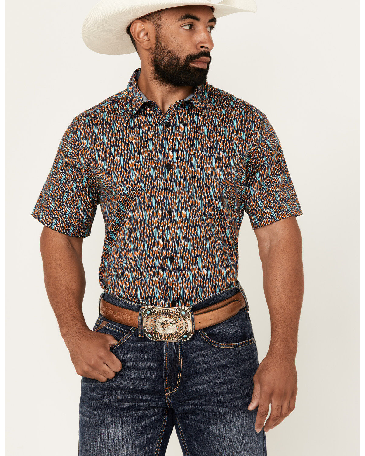 Men's RANK 45 Raflame Geo Print Short Sleeve Button-Down Stretch West